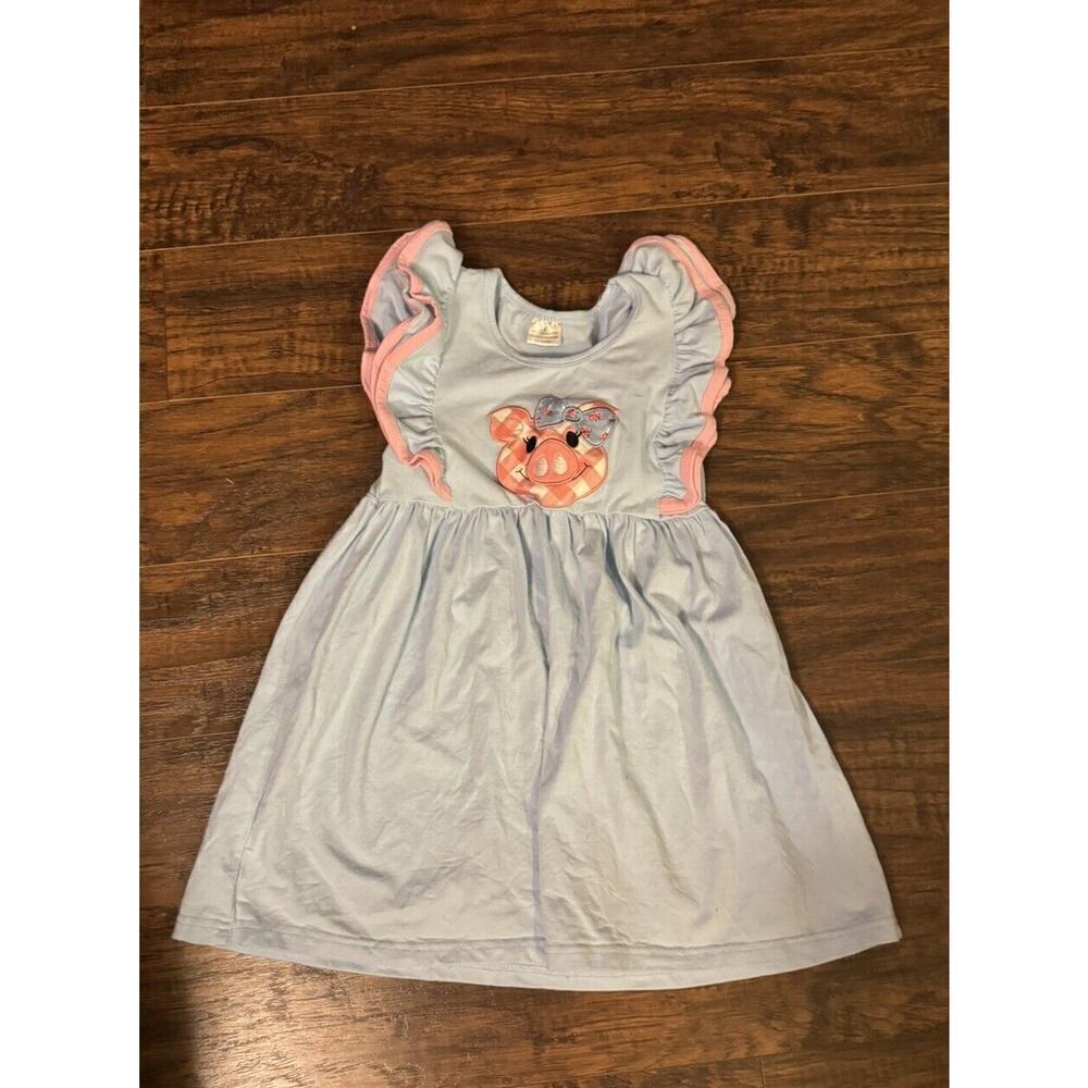 Girls Boutique Dress 2XL Light Blue Solid Pink Gingham Pig Appliqué Ruffles Farm